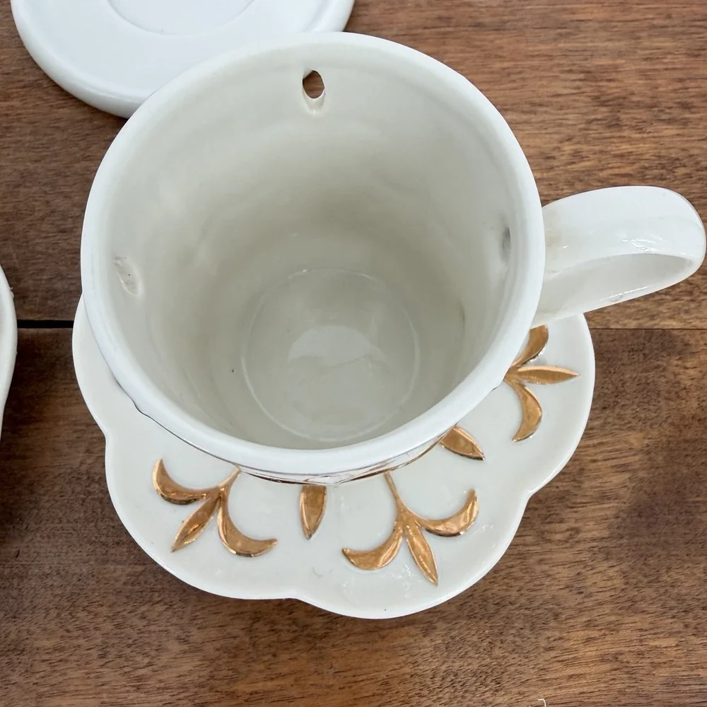 VTG 90s PartyLite Tea For Two Candle Holder Porcelain Teapot 2 Saucers Gold Trim - Picture 10 of 14